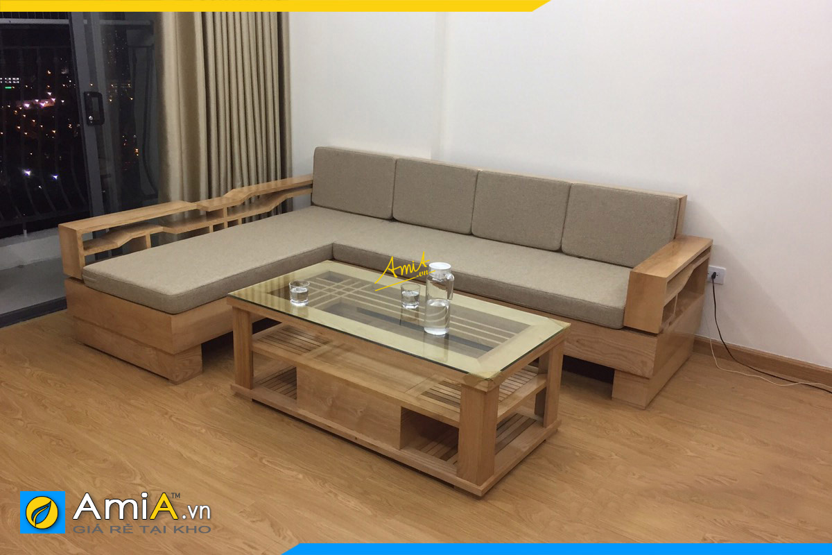 Ghế sofa gỗ tựa nhiên cao cấp nệm nỉ kê phòng khách và bàn trà kính