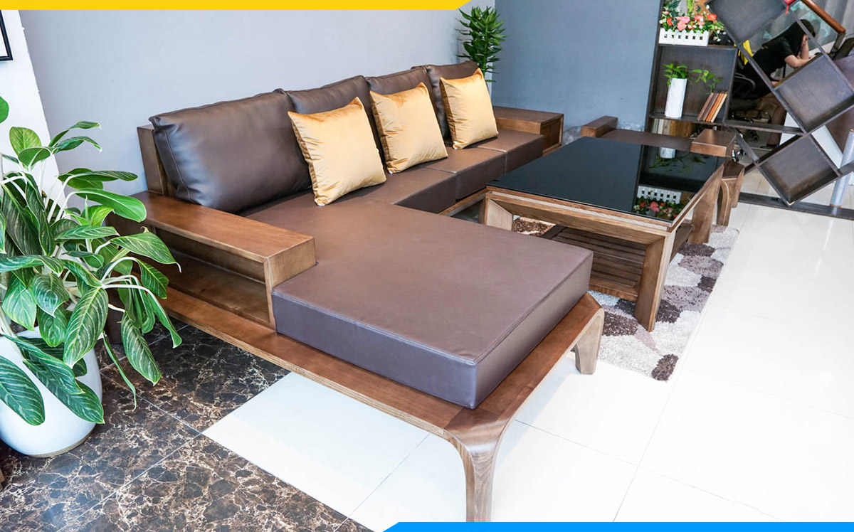 Bộ bàn ghế sofa gỗ góc bọc da sang trọng cho phòng làm việc riêng