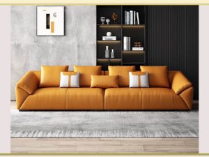 Hình ảnh Sofa văng da màu vàng kê sát tường phòng khách Softop-1592