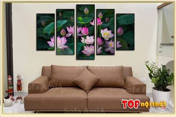Tranh hoa sen hồng treo phòng khách đẹp 5 tấm TraTop-3066