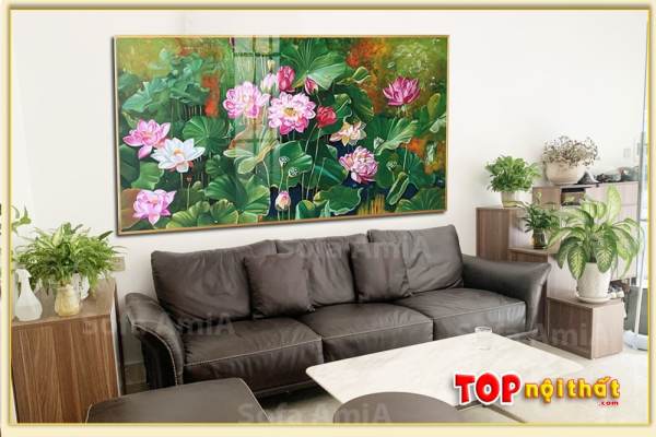 Hình ảnh Tranh hoa sen vẽ sơn dầu phòng khách hiện đại TraSdTop-3090