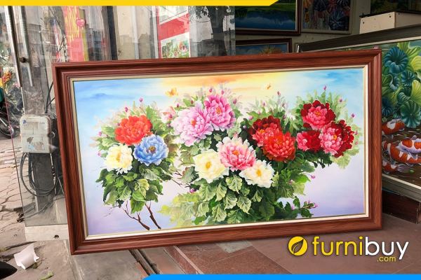 Tranh sơn dầu hoa mẫu đơn cửa hàng khung nâu TraSdTop-0549