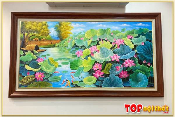 Tranh sơn dầu phòng khách đẹp hồ Sen quê em TraSdTop-0655
