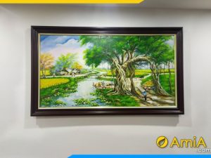 Mẫu tranh sơn dầu phong cảnh làng quê cây đa cánh đồng