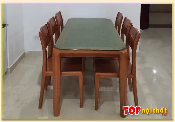 Hình ảnh Bộ bàn ăn đẹp 6 ghế gỗ sồi mặt kính chân tròn BGATop-0058