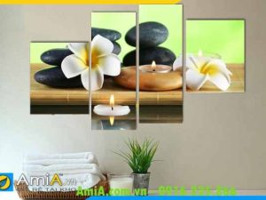 Tranh treo tường ghép bộ 4 tấm hình ảnh hoa lan, nến, đá trên nền xanh mờ AmiA 4204162024