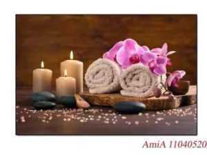 Tranh treo tường Spa AmiA 1104052024 khung cảnh hoa lan, nến thơm, khăn tắm và đá trên nền gỗ