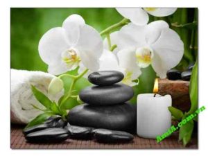 Tranh treo tường Spa đá bazan Zen và phong lan trên gỗ AmiA 0505092024